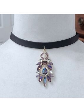 Black Leather  Choker Pendant Necklace